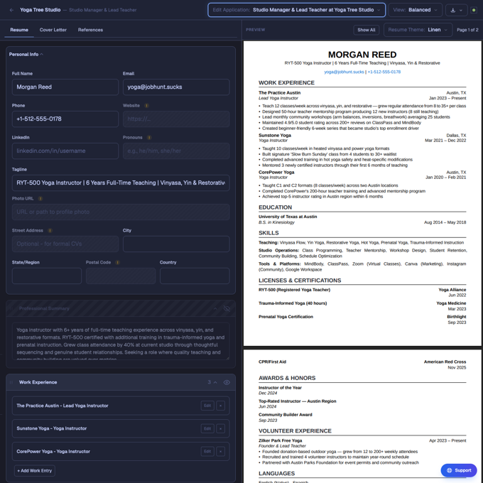 Resume editor with live PDF preview