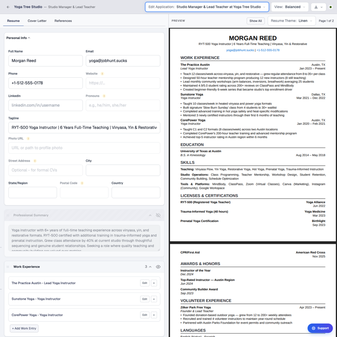 Resume editor with live PDF preview