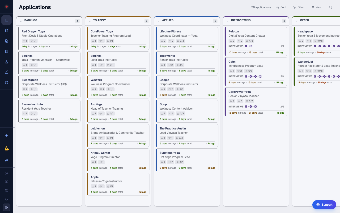 JobHunt pipeline board showing applications across stages